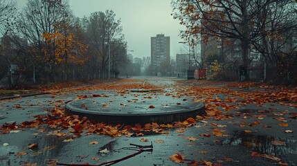 A runway in the middle of a park in a small town in the fall