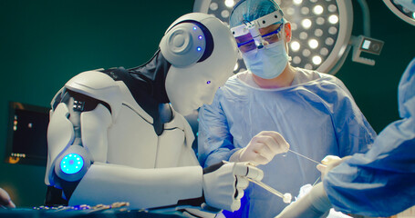 Medical artificial intelligence. Robotic surgery. Professional medical surgeon operates on patient...