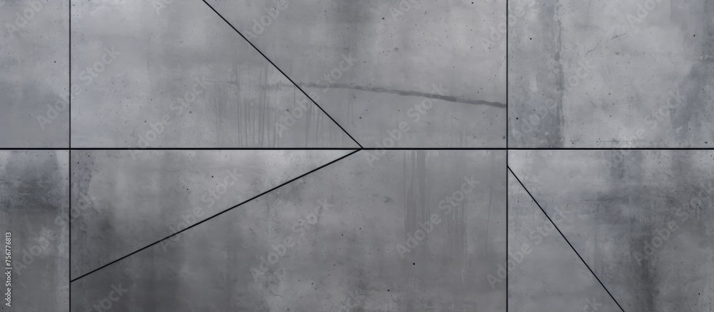 Poster a monochrome photography closeup of a grey concrete wall with a geometric pattern of rectangles, tri