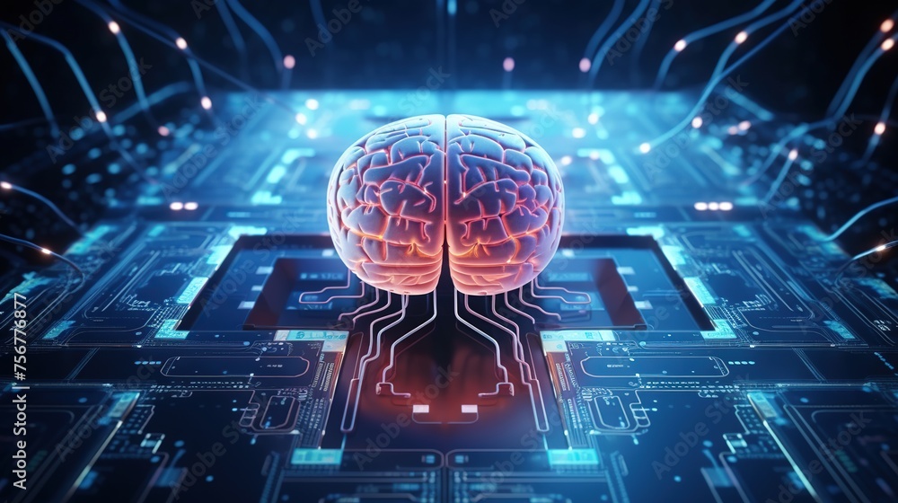 Poster futuristic human brain from processor with electronic cyberspace. big data, artificial intelligence,