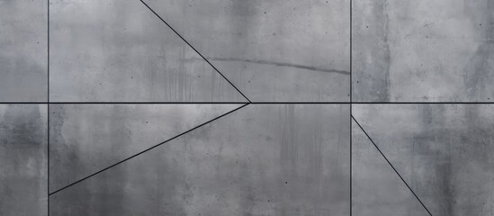 A monochrome photography closeup of a grey concrete wall with a geometric pattern of rectangles, triangles, and parallel lines, showcasing symmetry and composite material