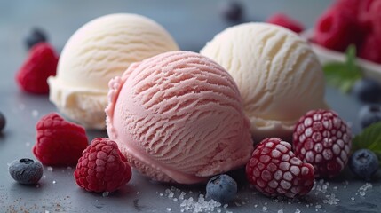 three scoops of ice cream with raspberries, blueberries, and raspberries on a table.