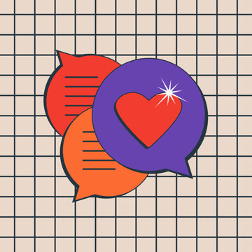 Heart icon in speech bubble. Social media notification, style of the 80s and 90s. Vector Illustrations
