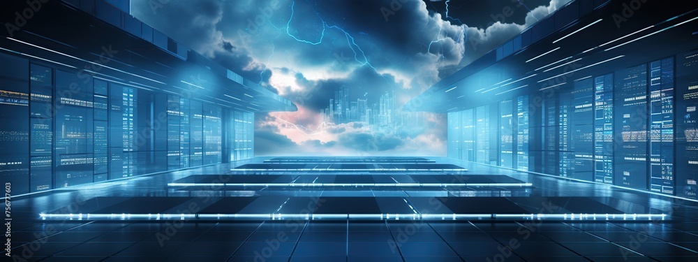 Aufkleber futuristic rackmount led console. high technology cloud computing in the server room and data center