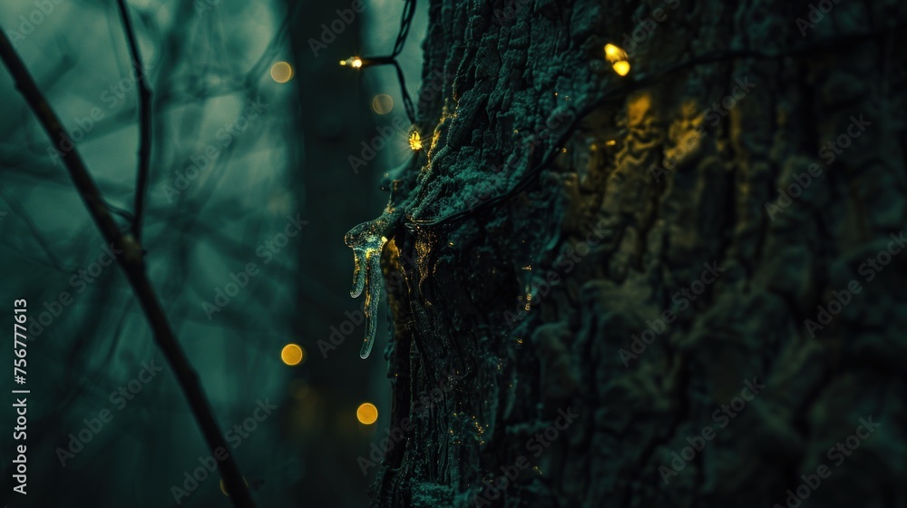 Poster a close up of a tree with a string of lights hanging off of it's bark in a dark forest.