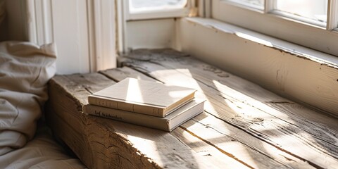 Beautifully arranged book on wooden table with soft lighting. Serene reading ambiance.