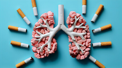A creative representation of human lungs made from pink sponges and white branching structures, surrounded by discarded cigarettes on a blue background.