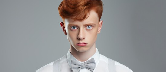 At a formal event, a young man with red hair is wearing a white shirt and a bow tie. His chin is held high, a smile gracing his lips as he adjusts his tie with a confident gesture