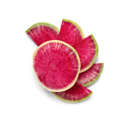 Cut ripe watermelon radish on white background