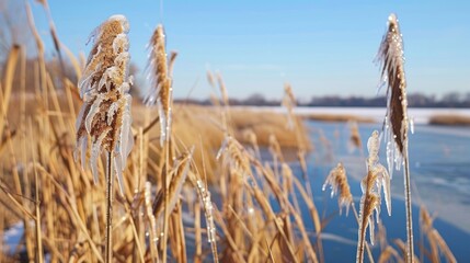 a field of tall grass next to a body of water with frozen grass in the foreground and a blue sky in the background. - obrazy, fototapety, plakaty
