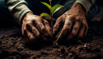 Young sprout in male hands holding dark earth day ecology leaves agriculture ground