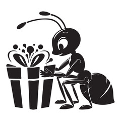 Cartoon Ant with a gift, black silhouette on a transparent background, vector drawing for print, stencil..