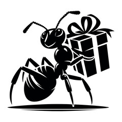 Ant holding a gift, black silhouette on a transparent background, vector drawing for print, stencil..