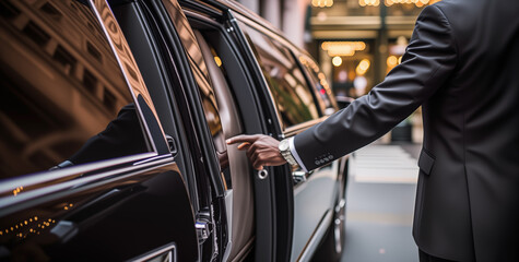 Driver open door of the limousine. Professional driver near luxury car. Chauffeur service