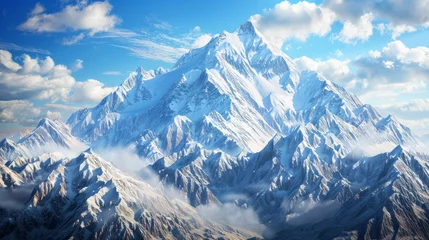 Fotobehang Majestic Mountain Peaks: Capture the grandeur of towering mountain ranges, with snow-capped peaks against clear blue skies or dramatic cloud formations. Generative AI © Hokmiran