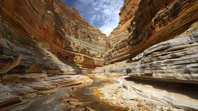 Majestic Canyons and Gorges: Photograph towering canyons or deep gorges carved by rivers over millennia, with layers of colorful rock formations and dramatic geological features. Generative AI