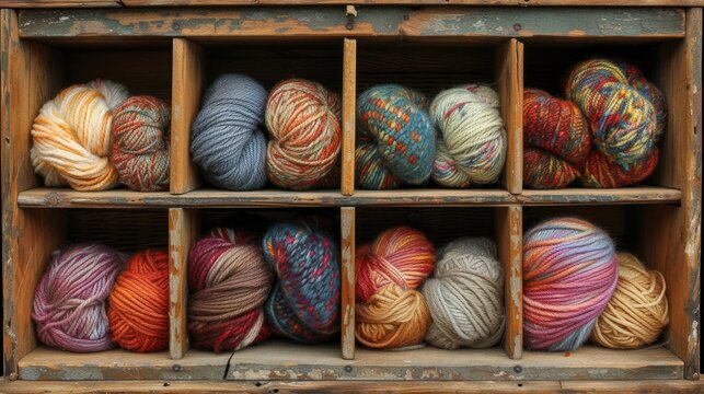several skeins of yarn are in a wooden box on the floor of a wooden box on which is a row of skeins of multicolored skeins of skeins.