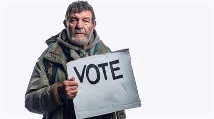 Caucasian man holding VOTE sign, encouraging civic duty. Male voter. Concept of elections, voting, democracy, personal empowerment, citizen rights, political advocacy. Isolated on white background