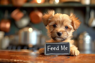 Charming hungry puppy with pleading eyes holding a "Feed Me" sign in the kitchen. Concept of pet care, animal feeding, funny dogs, and humorous pet expressions.