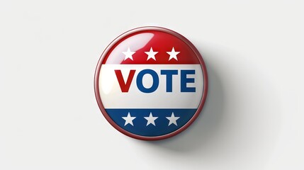 Round "VOTE" badge, isolated on a light backdrop. Concept of patriotism, democracy, elections, and political campaigns.