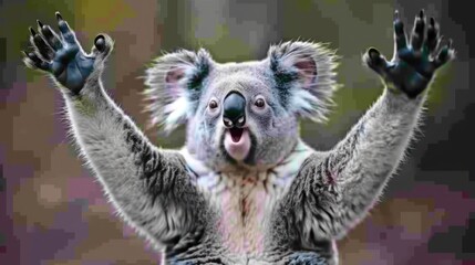 a close up of a koala holding its arms in the air with it's mouth open and it's hands in the air.