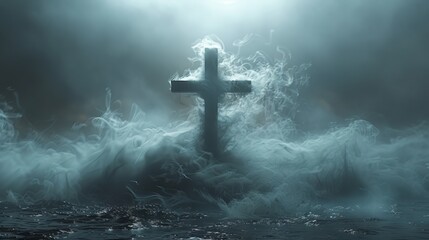 A somber and atmospheric depiction of a cross shrouded in mist, emerging from dark waters. Symbolic of hope amidst turmoil. Concept of redemption, mystery, and the steadfastness of faith.