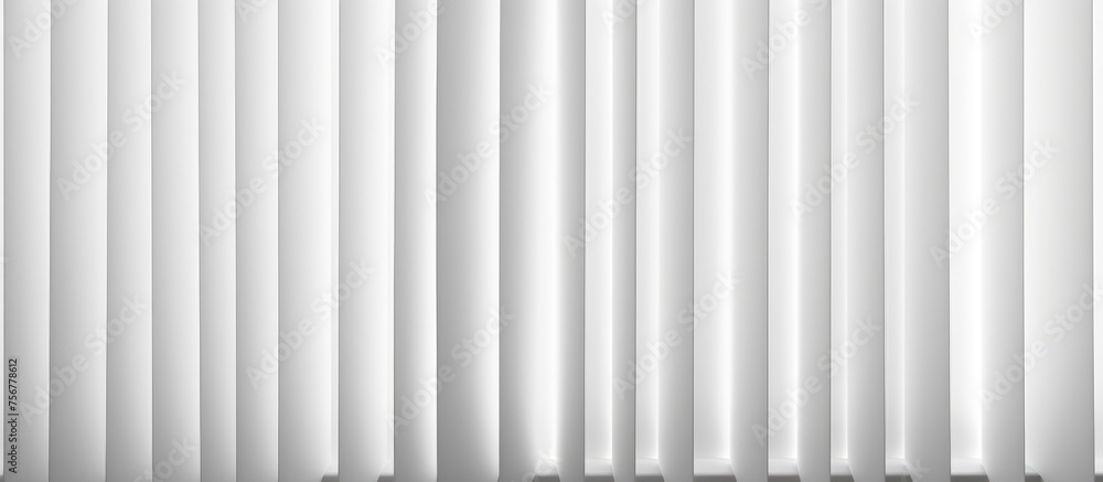 Poster a close up of a grey textile vertical blind with parallel metal pipes in a rectangular pattern on a 