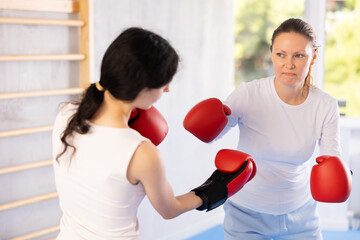 Training at gym, these women show their boxing prowess, trading punches and working on their...