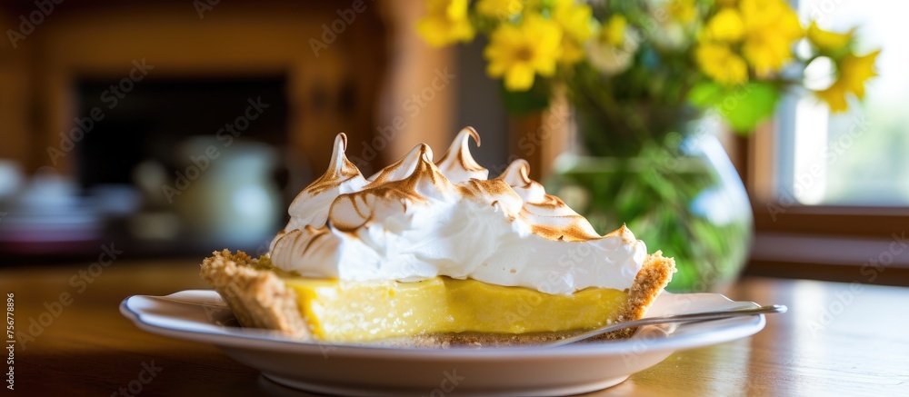 Sticker A delicious slice of lemon meringue pie, made with fresh lemons and fluffy meringue, sits on a plate atop a table, creating a beautiful display of baked goods and dessert cuisine