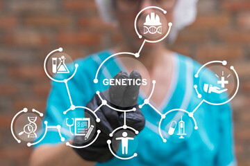 Doctor or scientist using virtual touchscreen sees word: GENETICS. Concept of genetics in medicine....