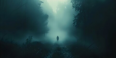 Spooky forest scene featuring ghostly figure in eerie setting. Concept Forest Setting, Ghostly Figure, Spooky Atmosphere, Eerie Background, Creepy Photoshoot - obrazy, fototapety, plakaty