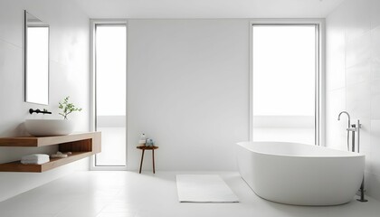 Fototapeta na wymiar Bright bathroom interior with white tones wall vanity with wooden white sink and mirror, white bathtub, panoramic windows created with generative ai