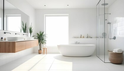 Fototapeta na wymiar Bright bathroom interior with white tones wall vanity with wooden white sink and mirror, white bathtub, panoramic windows created with generative ai