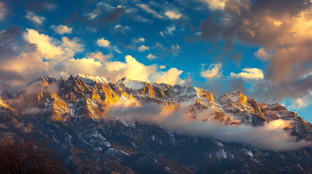 Nature's Majesty: A breathtaking landscape photograph of a mountain range bathed in golden sunlight, with clouds parting to reveal a clear blue sky above. Generative AI