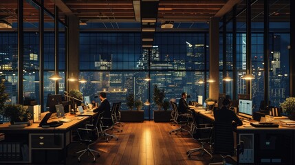 A gathering of individuals occupies office desks in a building during nighttime. The room features water fixtures, tables, and glass elements. AIG41 - obrazy, fototapety, plakaty