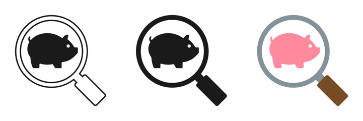 Pig icon in a magnifying glass. Set of vector illustration - obrazy, fototapety, plakaty