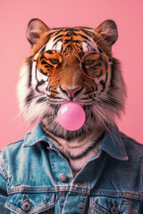 tiger in a denim jacket on a pink background chews gum