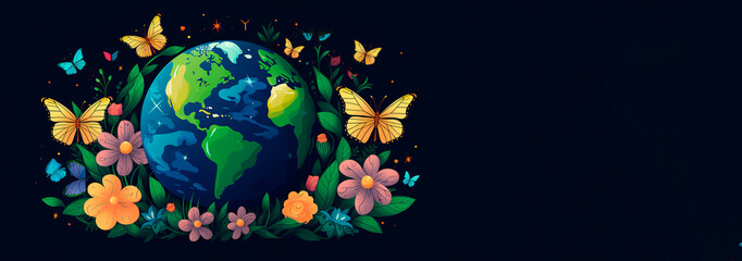 Earth globe illustration on with plants copy space banner ecological earth day hour safe butterfly flowers environmental problems on blue background