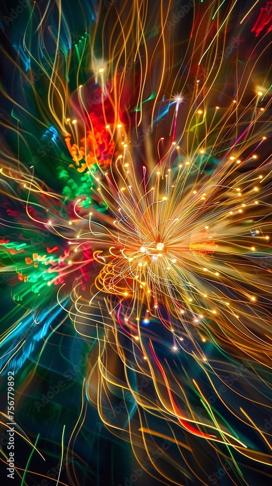 Poster abstract color background with motion blurred light trails and bokeh. colorful fireworks on a black 