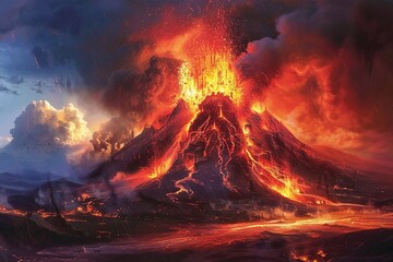 A large volcanic eruption with lava and ash in the foreground.