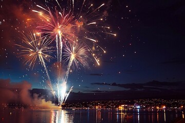 Colorful fireworks of various colors over night sky and water surface. Colorful fireworks of various colors over the city