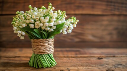 a bouquet of white flowers in a rope wrapped vase on a wooden table with a wood plank wall in the background.