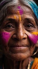 Portrait of a happy elderly Indian woman celebrating Holi.