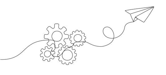 Gears with paper airplane one continuous editable line. Concept of learning, business, teamwork and traveling. Vector illustration. - obrazy, fototapety, plakaty