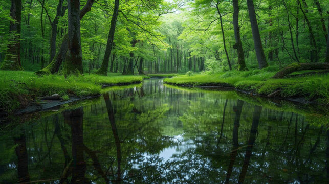 Reflections in Water: Photograph a serene forest scene mirrored in the still waters of a tranquil stream or river, with lush green trees reflected perfectly in the water's surface. Generative AI