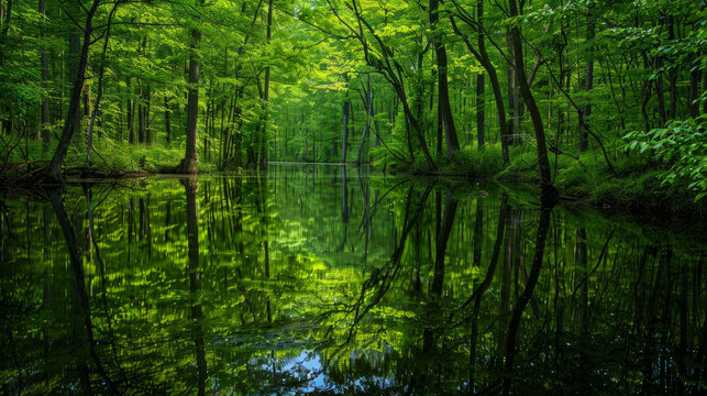 Reflections in Water: Photograph a serene forest scene mirrored in the still waters of a tranquil stream or river, with lush green trees reflected perfectly in the water's surface. Generative AI