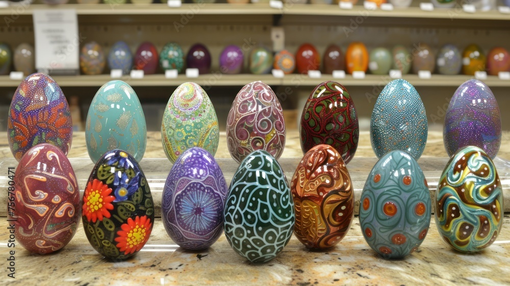 Poster a group of painted eggs sitting on top of a counter next to a shelf of other colored eggs in a store
