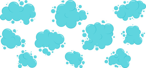 Cartoon blue cloud, foam bubble water icon, soap ball set, bath shampoo suds splash. Wash, laundry, clean underwater collection. Soda, carbonated fun vector illustration