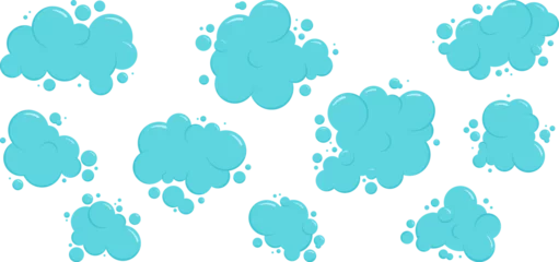 Fotobehang Cartoon blue cloud, foam bubble water icon, soap ball set, bath shampoo suds splash. Wash, laundry, clean underwater collection. Soda, carbonated fun vector illustration © Sylfida