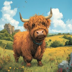 highland cow with horns - obrazy, fototapety, plakaty